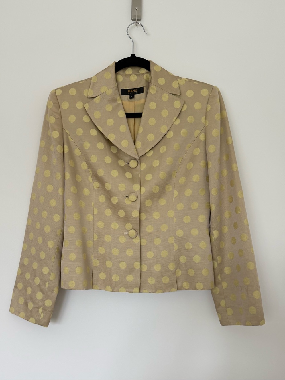 Vintage BANU PARIS Jacquard Polka Dot Blazer Jacket Beige Yellow